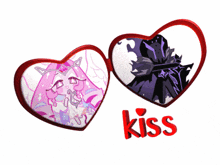 a couple of hearts with the word kiss underneath them