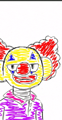 a black and white drawing of a clown with a red nose