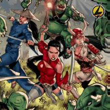 a cartoon of a group of samurai fighting a group of orcs