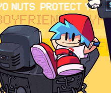 a cartoon character is sitting in front of a sign that says yo nuts protect boyfriend