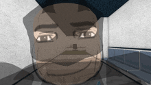 a computer generated image of a man 's face in a room with a chair