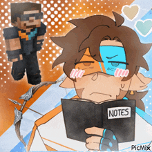 a drawing of a person reading a notebook with the word notes on it