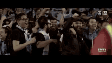 a crowd of people are standing in a stadium watching a soccer game and cheering .