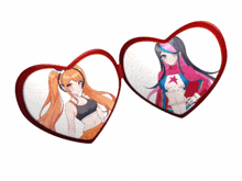 a pair of red heart shaped glasses with two anime girls inside of them