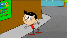 a cartoon of a boy standing in front of a sign that says ' cupcakes e party '