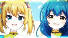 a girl with blonde hair and a girl with blue hair are standing next to each other