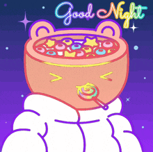 a cartoon of a teddy bear with a bowl of cereal in his head and the words good night