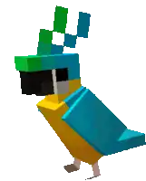 a pixel art of a blue and yellow parrot with a green hat on its head .