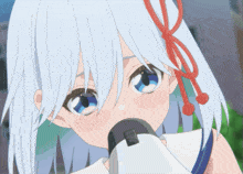 a girl with white hair and blue eyes holds a megaphone in her mouth
