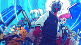 a group of cartoon characters holding guns and wearing masks are standing next to each other
