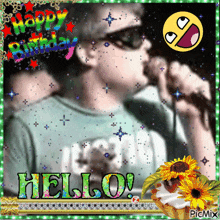 a picture of a man singing into a microphone with the words " happy birthday hello " below him