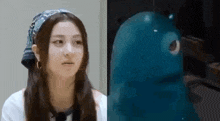 a woman wearing a bandana next to a picture of a blue object with a big eye .