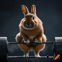 a brown rabbit is standing on a barbell with a pencil in the corner