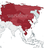 a map of asia shows the union of socialist soviet republics in red