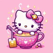 hello kitty sits in a cup of tea with a cinnamon stick