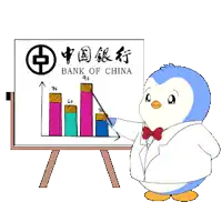 a cartoon penguin is standing next to a white board with a red circle in the center