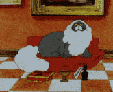 a cartoon cat sits on a red couch next to a bottle of wine and a box