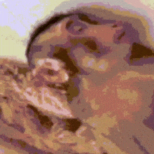 a close up of a person 's face with a purple and pink background