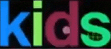 a neon sign that says kids in blue , green , and red