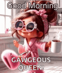 a little girl wearing sunglasses and a robe is holding a cup of coffee and a flower .