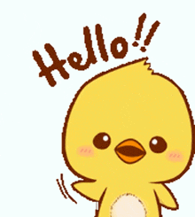 a cartoon chicken says hello and waves its hand