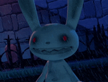 a cartoon rabbit with red eyes is standing in a cemetery