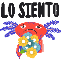 Sad álvaro With Flowers And Caption I'M Sorry In Spanish Sticker - álvaro El Axolotl Lo Siento Sorry Stickers