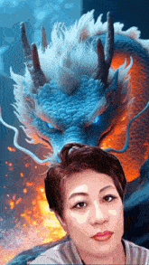 a woman is posing for a picture with a blue dragon in the background