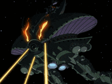 a cartoon drawing of a green and purple space ship with flames coming out of it