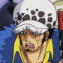 a close up of a cartoon character 's face with a white hat
