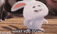 a stuffed white rabbit is standing on a wooden floor and asking what you doing .