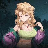 a girl with blonde hair is wearing a purple jacket and a green tank top that says adidas