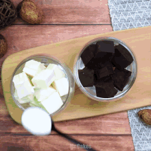 a spoon is being poured into a bowl of milk and a bowl of chocolate