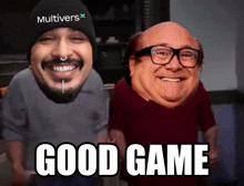 a man wearing a hat that says " multivers " next to a man wearing glasses