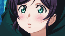 a girl with purple hair and green eyes is smiling and says im gay