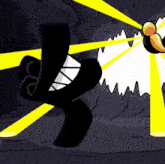 a cartoon character is standing in a dark cave with yellow rays coming out of its mouth
