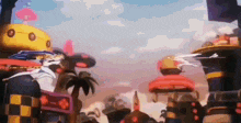 a cartoon character is standing in front of a building in a video game scene .