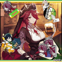 a girl with red hair is holding a barrel of beer and a tube of nope