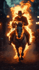 a man in a skull mask is riding a horse that is covered in flames