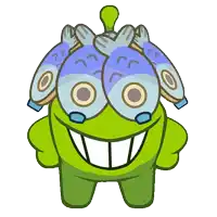 a green cartoon character with a bunch of fish on its head
