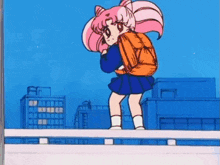 a cartoon girl with pink hair and a backpack is standing on a ledge .