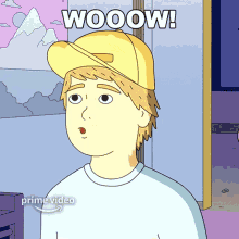 a cartoon character is wearing a yellow hat and has the word wooow above him