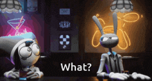 a couple of cartoon characters sitting at a table with the words " what " on the bottom