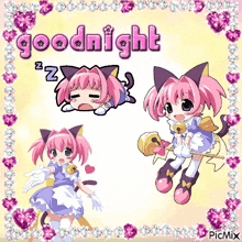 a picture of a girl with pink hair and a cat ear saying goodnight