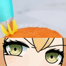 a close up of a cartoon character 's eyes and a close up of an orange cake