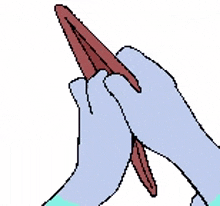 a pixel art drawing of a girl with blue hair and a purple scarf around her neck