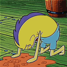 a yellow and purple cartoon character is kneeling down on the floor