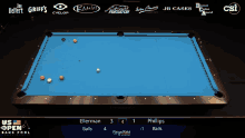 a pool table with the us open bank pool championship on the screen