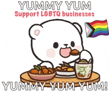 a cartoon bear is sitting at a table eating food with the words yummy yum support lgbtq businesses below it