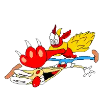 a pixel art drawing of a cartoon character with a red and yellow flame coming out of his mouth